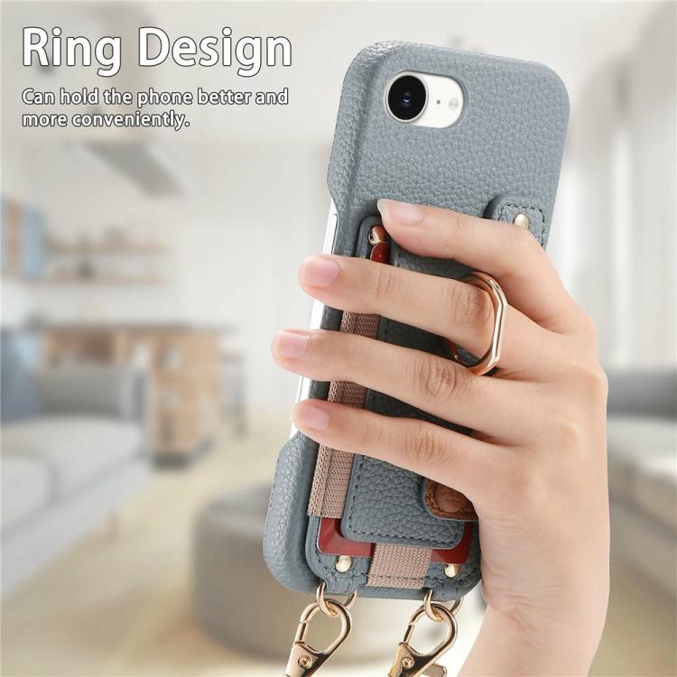 For iPhone XR Litchi Texture Card Bag Ring Holder Vegan Leather + PC Phone Case with Shoulder Strap