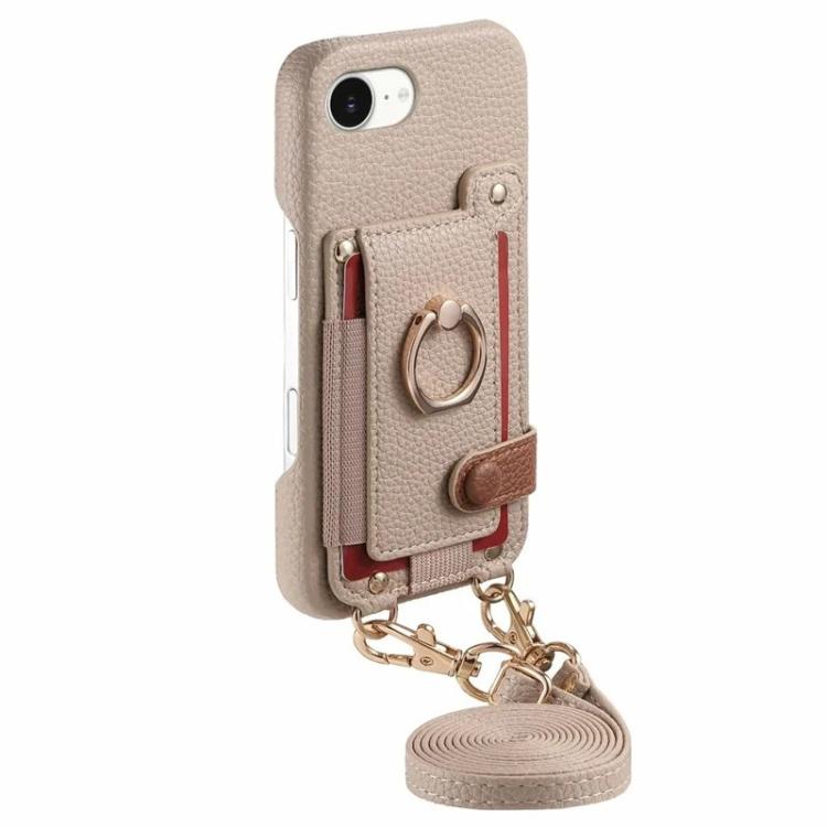 For iPhone XR Litchi Texture Card Bag Ring Holder Vegan Leather + PC Phone Case with Shoulder Strap
