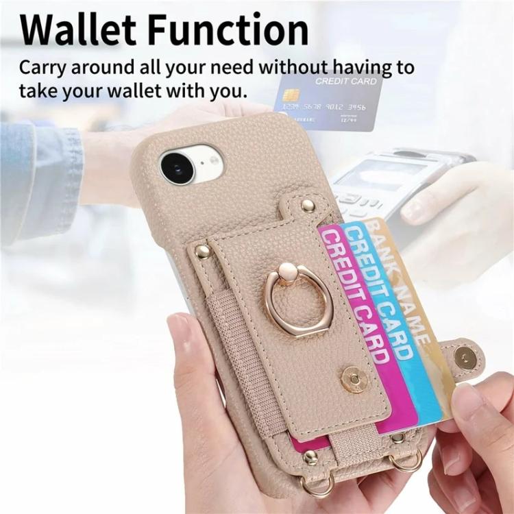 For iPhone XR Litchi Texture Card Bag Ring Holder Vegan Leather + PC Phone Case with Shoulder Strap