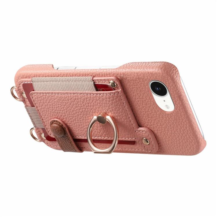 For iPhone XR Litchi Texture Card Bag Ring Holder Vegan Leather + PC Phone Case with Shoulder Strap