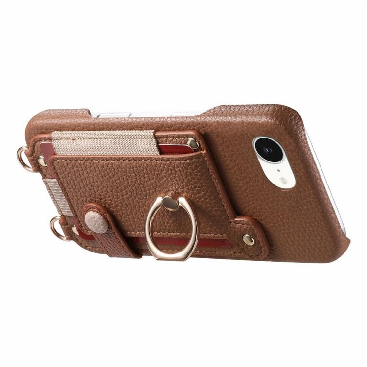 For iPhone XR Litchi Texture Card Bag Ring Holder Vegan Leather + PC Phone Case with Shoulder Strap
