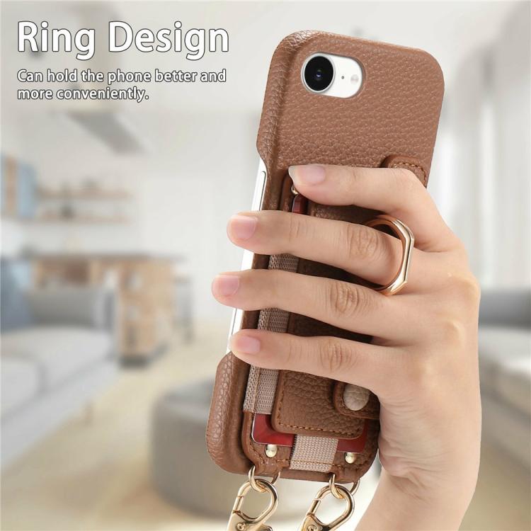 For iPhone XR Litchi Texture Card Bag Ring Holder Vegan Leather + PC Phone Case with Shoulder Strap