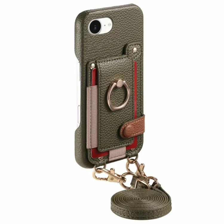 For iPhone XR Litchi Texture Card Bag Ring Holder Vegan Leather + PC Phone Case with Shoulder Strap