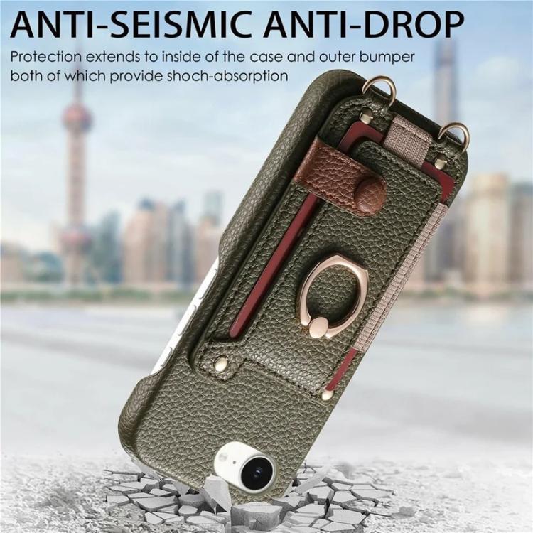 For iPhone XR Litchi Texture Card Bag Ring Holder Vegan Leather + PC Phone Case with Shoulder Strap
