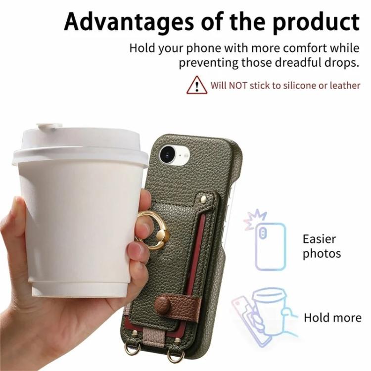 For iPhone XR Litchi Texture Card Bag Ring Holder Vegan Leather + PC Phone Case with Shoulder Strap