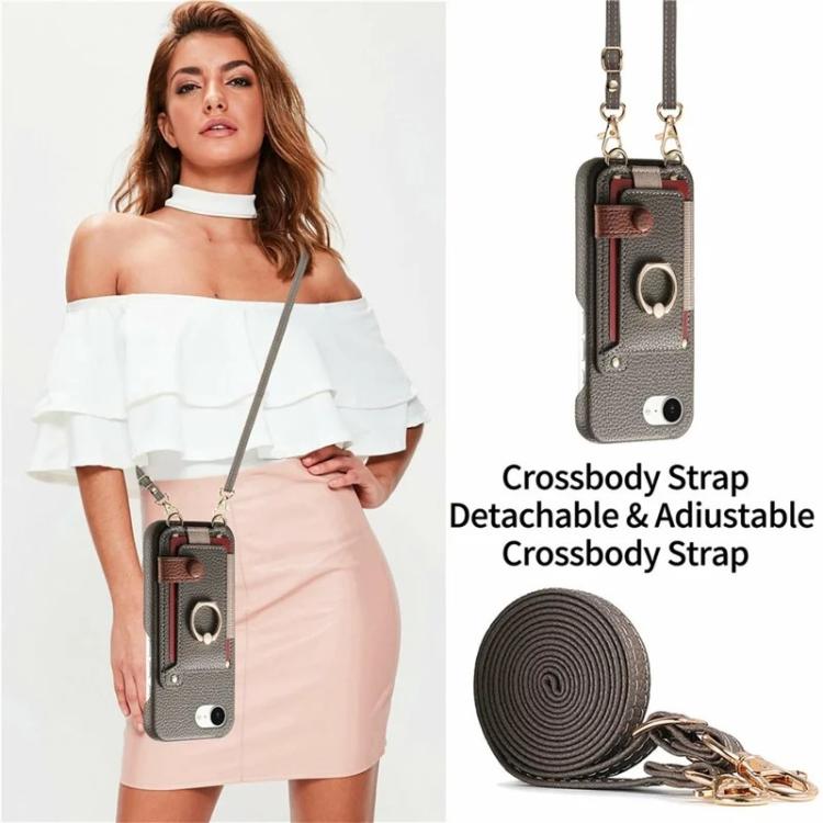 For iPhone XR Litchi Texture Card Bag Ring Holder Vegan Leather + PC Phone Case with Shoulder Strap