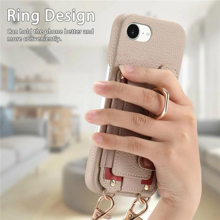 For iPhone XS Max Litchi Texture Card Bag Ring Holder Vegan Leather + PC Phone Case with Shoulder Strap