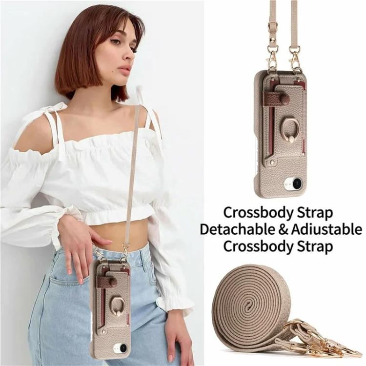 For iPhone XS Max Litchi Texture Card Bag Ring Holder Vegan Leather + PC Phone Case with Shoulder Strap