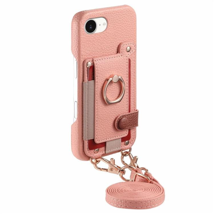 For iPhone XS Max Litchi Texture Card Bag Ring Holder Vegan Leather + PC Phone Case with Shoulder Strap