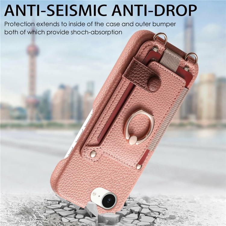 For iPhone XS Max Litchi Texture Card Bag Ring Holder Vegan Leather + PC Phone Case with Shoulder Strap