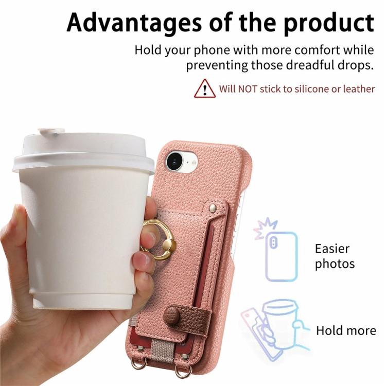 For iPhone XS Max Litchi Texture Card Bag Ring Holder Vegan Leather + PC Phone Case with Shoulder Strap