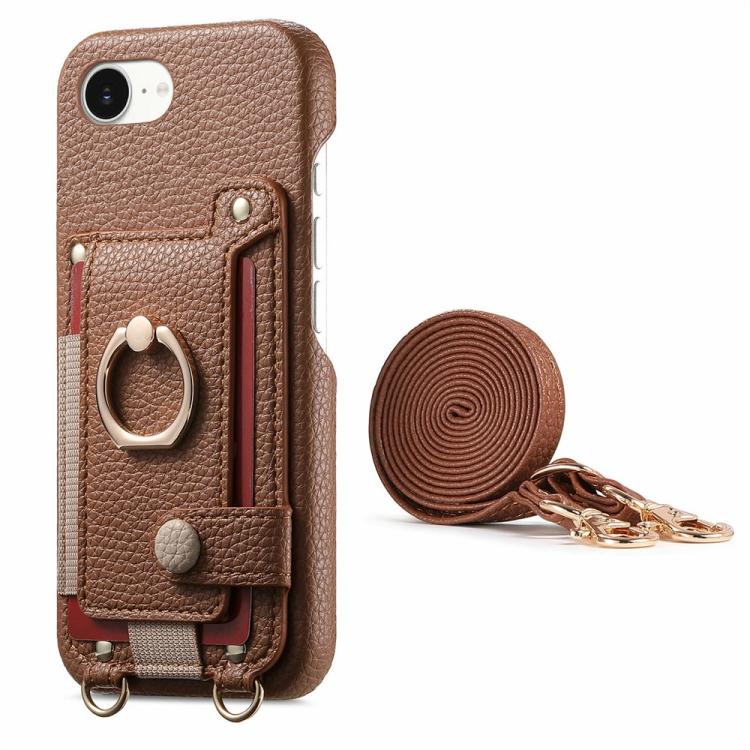 For iPhone XS Max Litchi Texture Card Bag Ring Holder Vegan Leather + PC Phone Case with Shoulder Strap
