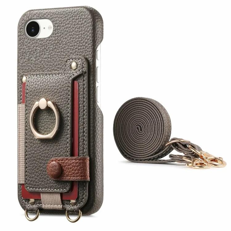For iPhone XS Max Litchi Texture Card Bag Ring Holder Vegan Leather + PC Phone Case with Shoulder Strap