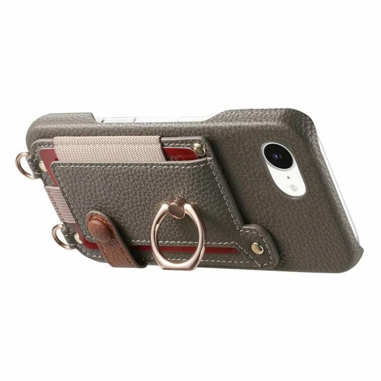 For iPhone XS Max Litchi Texture Card Bag Ring Holder Vegan Leather + PC Phone Case with Shoulder Strap