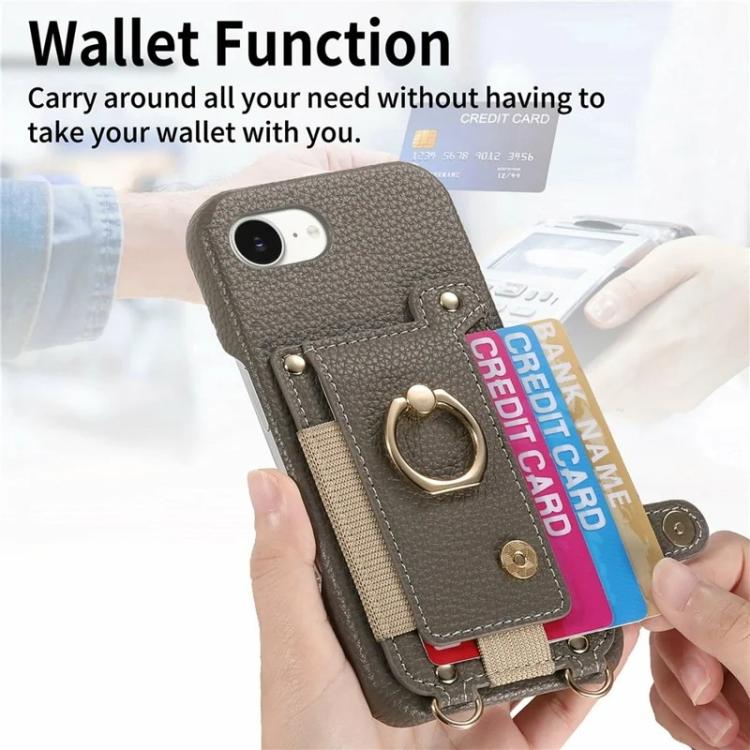 For iPhone XS Max Litchi Texture Card Bag Ring Holder Vegan Leather + PC Phone Case with Shoulder Strap
