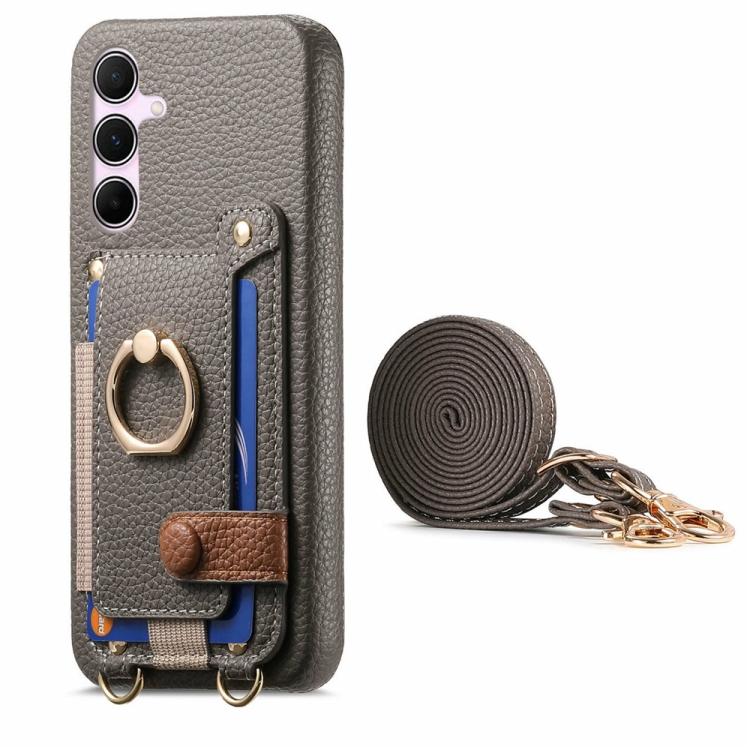 For Samsung Galaxy A14 5G / 4G Litchi Texture Card Bag Ring Holder Vegan Leather + PC Phone Case with Shoulder Strap