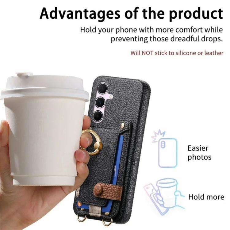 For Samsung Galaxy A24 5G / 4G Litchi Texture Card Bag Ring Holder Vegan Leather + PC Phone Case with Shoulder Strap