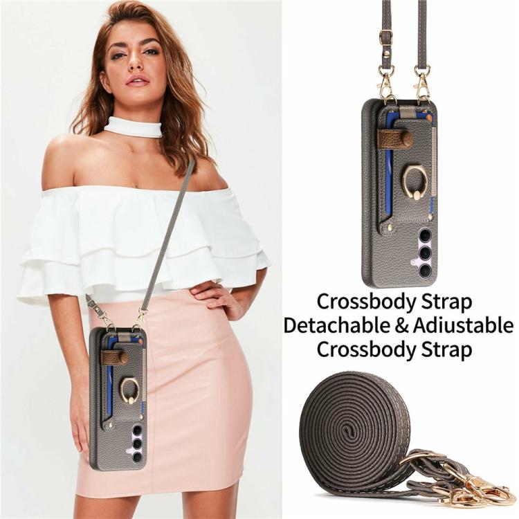 For Samsung Galaxy A25 5G / 4G Litchi Texture Card Bag Ring Holder Vegan Leather + PC Phone Case with Shoulder Strap