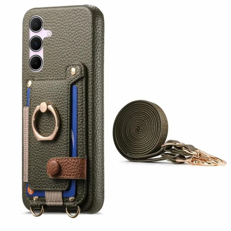 For Samsung Galaxy A26 5G Litchi Texture Card Bag Ring Holder Vegan Leather + PC Phone Case with Shoulder Strap