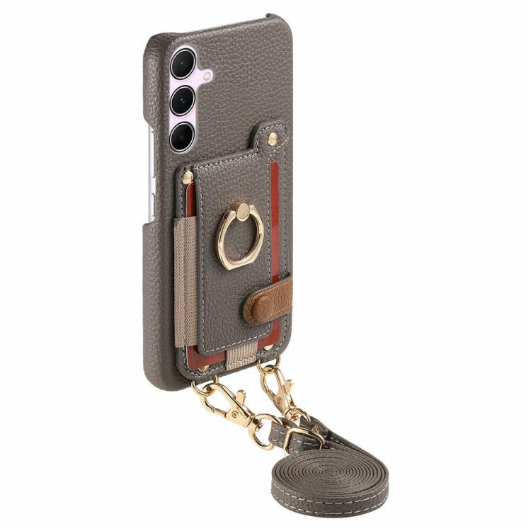 For Samsung Galaxy A26 5G Litchi Texture Card Bag Ring Holder Vegan Leather + PC Phone Case with Shoulder Strap