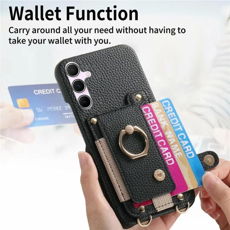 For Samsung Galaxy A26 5G Litchi Texture Card Bag Ring Holder Vegan Leather + PC Phone Case with Shoulder Strap