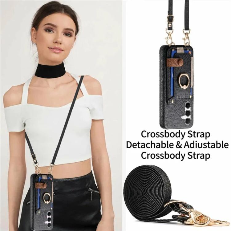 For Samsung Galaxy A26 5G Litchi Texture Card Bag Ring Holder Vegan Leather + PC Phone Case with Shoulder Strap