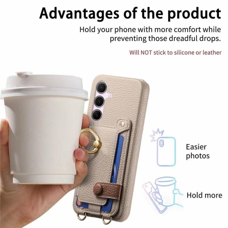 For Samsung Galaxy A26 5G Litchi Texture Card Bag Ring Holder Vegan Leather + PC Phone Case with Shoulder Strap