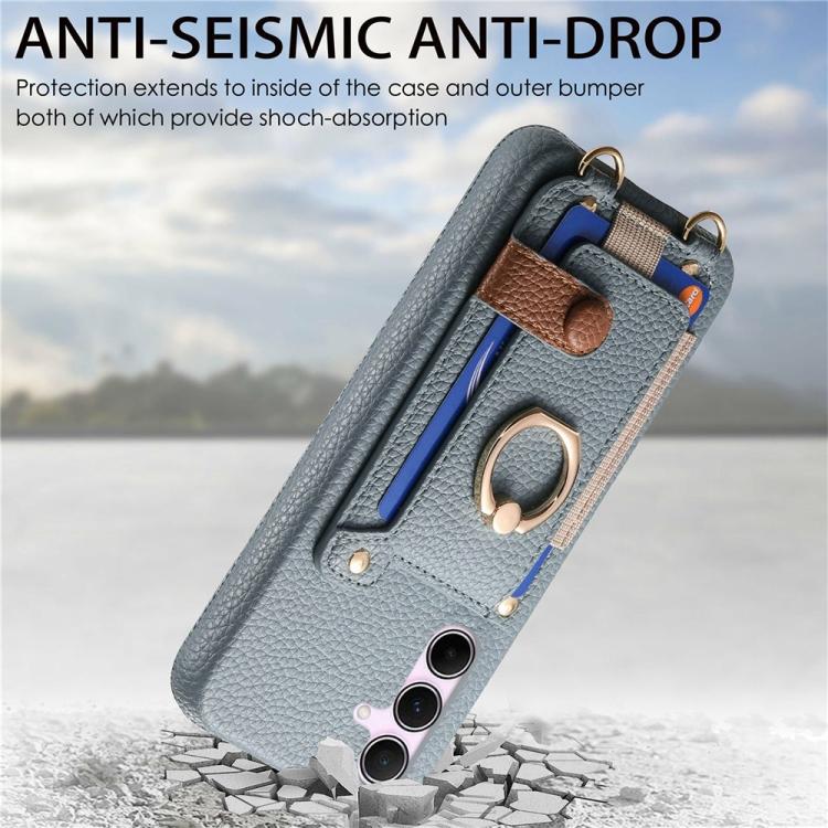 For Samsung Galaxy A26 5G Litchi Texture Card Bag Ring Holder Vegan Leather + PC Phone Case with Shoulder Strap