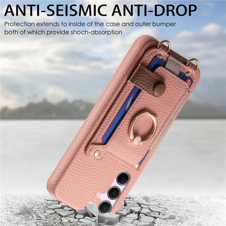For Samsung Galaxy A26 5G Litchi Texture Card Bag Ring Holder Vegan Leather + PC Phone Case with Shoulder Strap