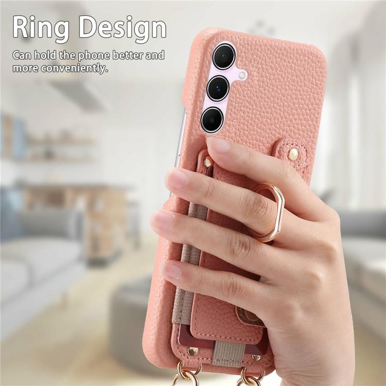 For Samsung Galaxy A26 5G Litchi Texture Card Bag Ring Holder Vegan Leather + PC Phone Case with Shoulder Strap