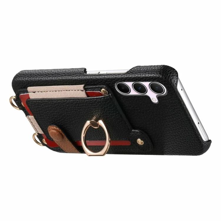 For Samsung Galaxy A34 5G Litchi Texture Card Bag Ring Holder Vegan Leather + PC Phone Case with Shoulder Strap