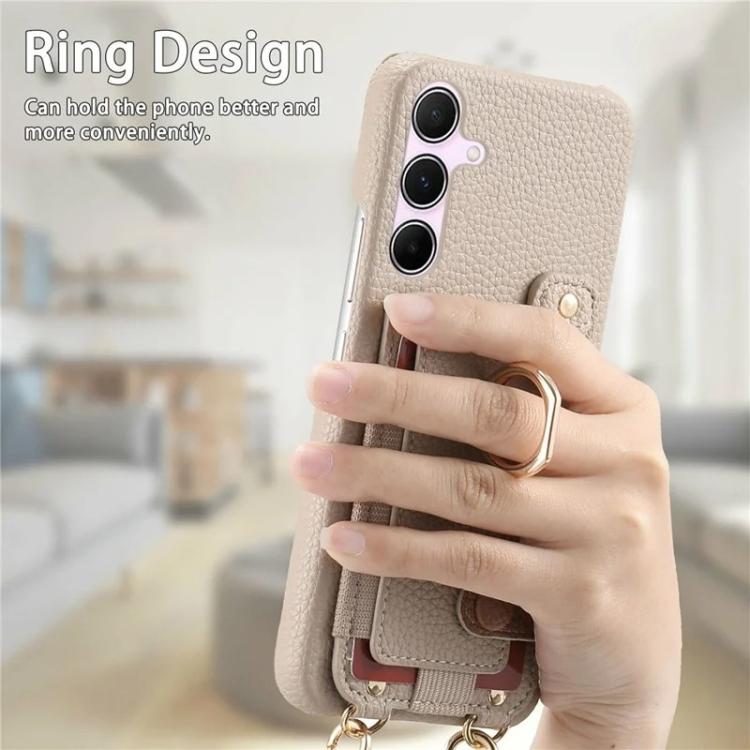 For Samsung Galaxy A34 5G Litchi Texture Card Bag Ring Holder Vegan Leather + PC Phone Case with Shoulder Strap
