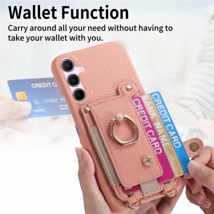 For Samsung Galaxy A34 5G Litchi Texture Card Bag Ring Holder Vegan Leather + PC Phone Case with Shoulder Strap
