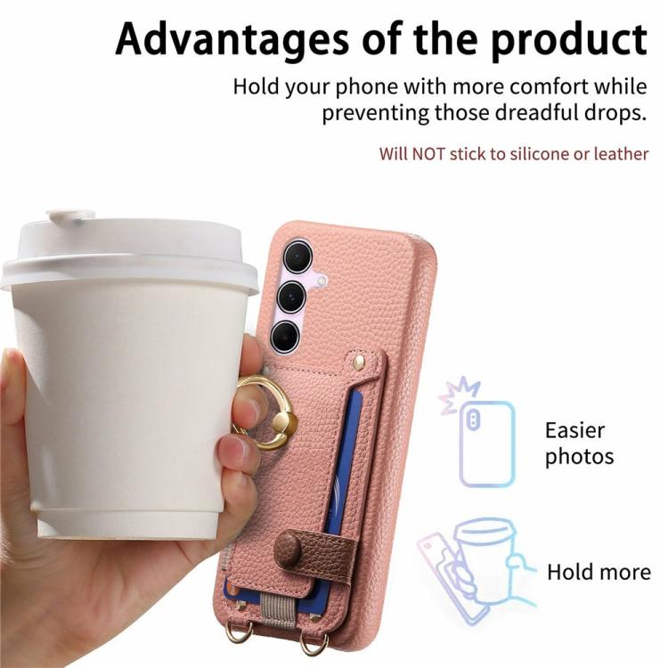 For Samsung Galaxy A34 5G Litchi Texture Card Bag Ring Holder Vegan Leather + PC Phone Case with Shoulder Strap