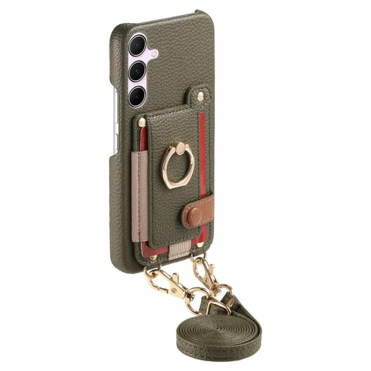 For Samsung Galaxy A35 5G Litchi Texture Card Bag Ring Holder Vegan Leather + PC Phone Case with Shoulder Strap