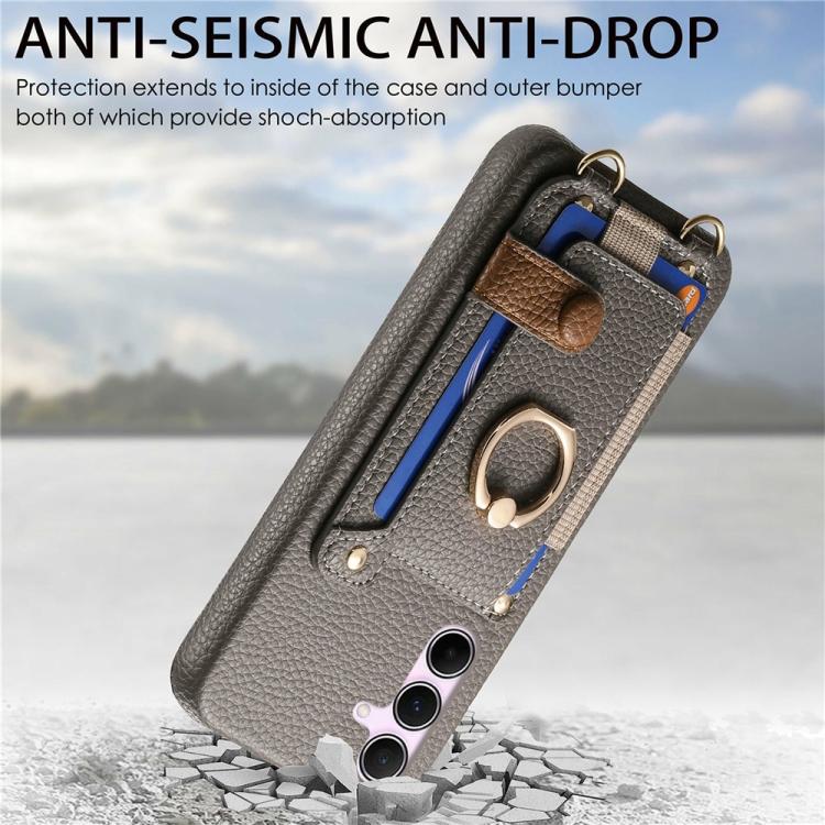 For Samsung Galaxy A35 5G Litchi Texture Card Bag Ring Holder Vegan Leather + PC Phone Case with Shoulder Strap