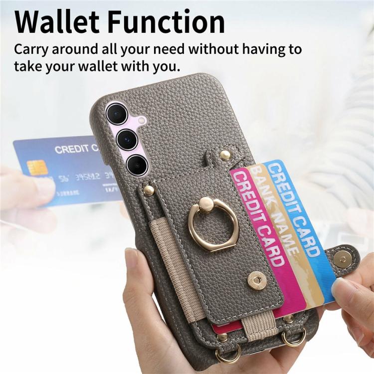 For Samsung Galaxy A35 5G Litchi Texture Card Bag Ring Holder Vegan Leather + PC Phone Case with Shoulder Strap