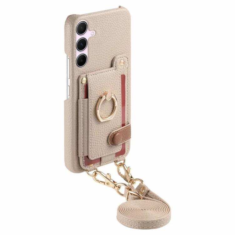 For Samsung Galaxy A35 5G Litchi Texture Card Bag Ring Holder Vegan Leather + PC Phone Case with Shoulder Strap