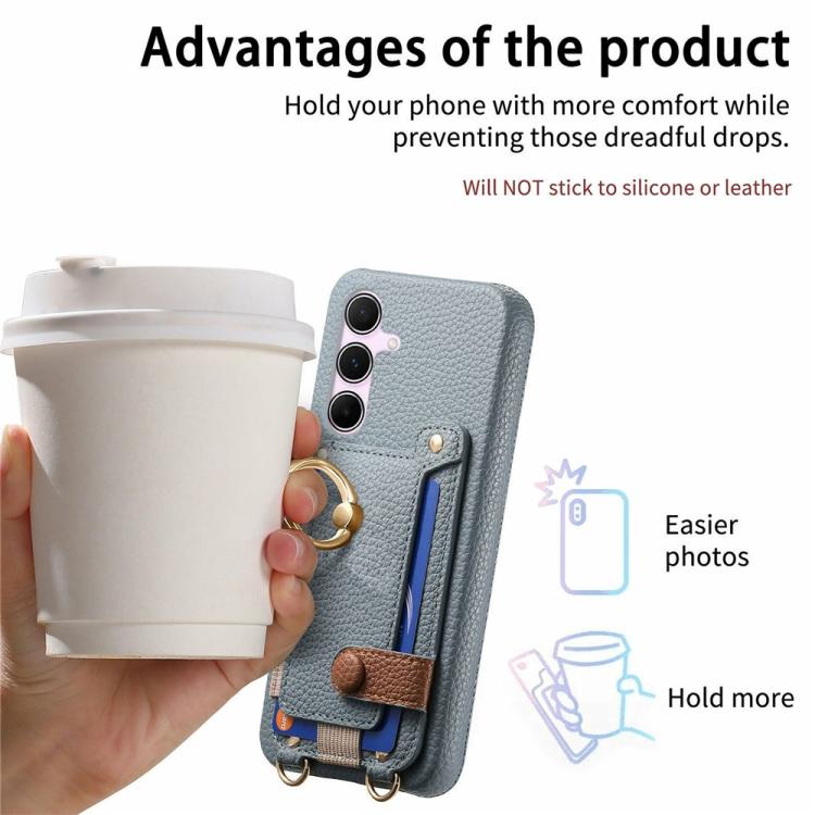 For Samsung Galaxy A35 5G Litchi Texture Card Bag Ring Holder Vegan Leather + PC Phone Case with Shoulder Strap