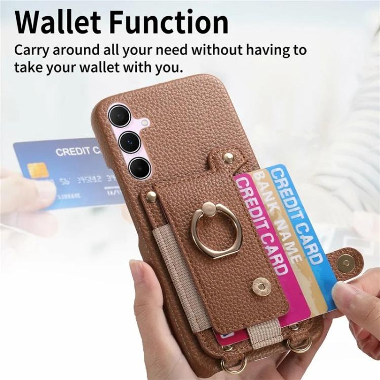 For Samsung Galaxy A35 5G Litchi Texture Card Bag Ring Holder Vegan Leather + PC Phone Case with Shoulder Strap
