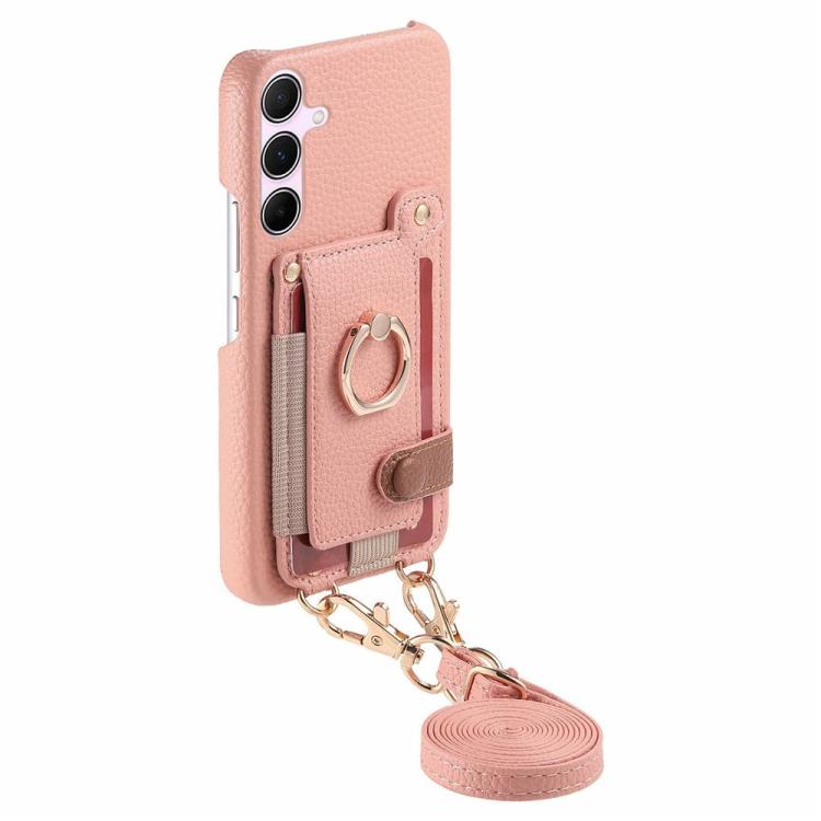 For Samsung Galaxy A35 5G Litchi Texture Card Bag Ring Holder Vegan Leather + PC Phone Case with Shoulder Strap