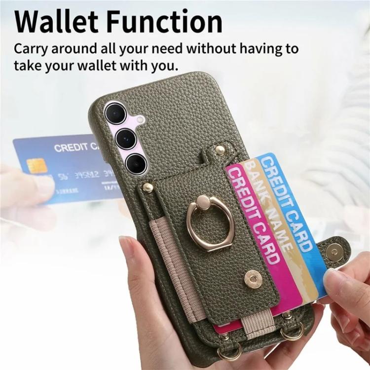 For Samsung Galaxy A36 5G Litchi Texture Card Bag Ring Holder Vegan Leather + PC Phone Case with Shoulder Strap