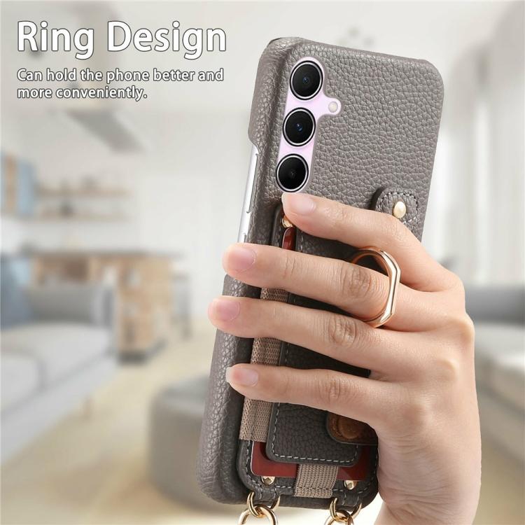 For Samsung Galaxy A36 5G Litchi Texture Card Bag Ring Holder Vegan Leather + PC Phone Case with Shoulder Strap