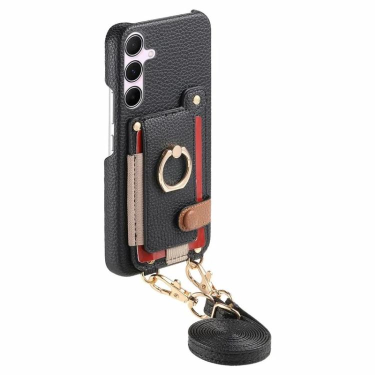 For Samsung Galaxy A36 5G Litchi Texture Card Bag Ring Holder Vegan Leather + PC Phone Case with Shoulder Strap