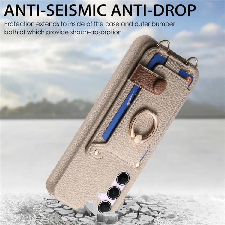 For Samsung Galaxy A36 5G Litchi Texture Card Bag Ring Holder Vegan Leather + PC Phone Case with Shoulder Strap