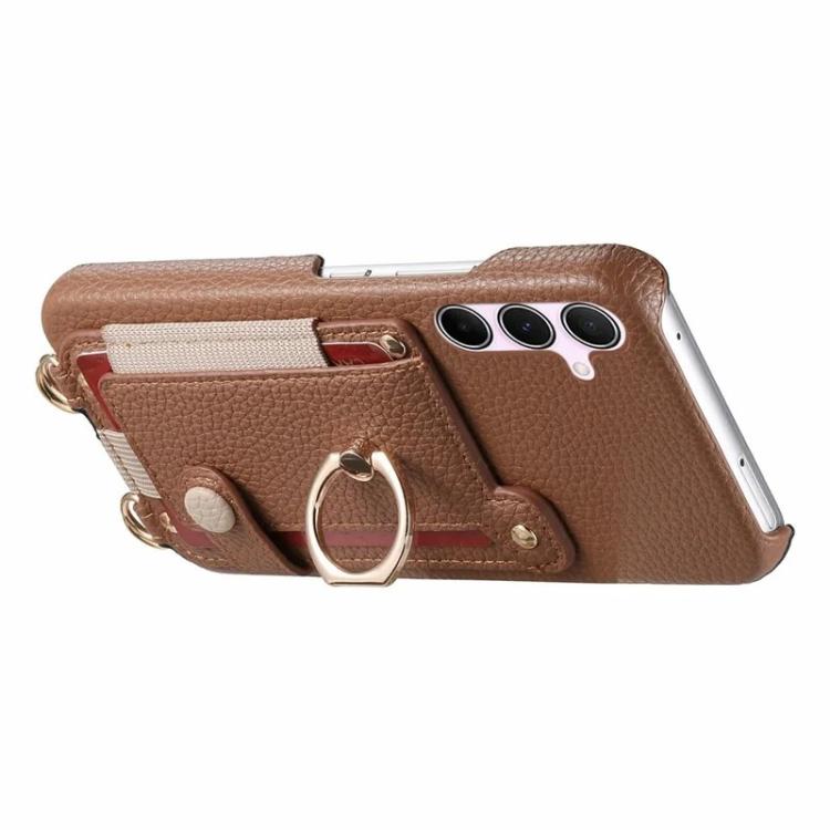 For Samsung Galaxy A36 5G Litchi Texture Card Bag Ring Holder Vegan Leather + PC Phone Case with Shoulder Strap