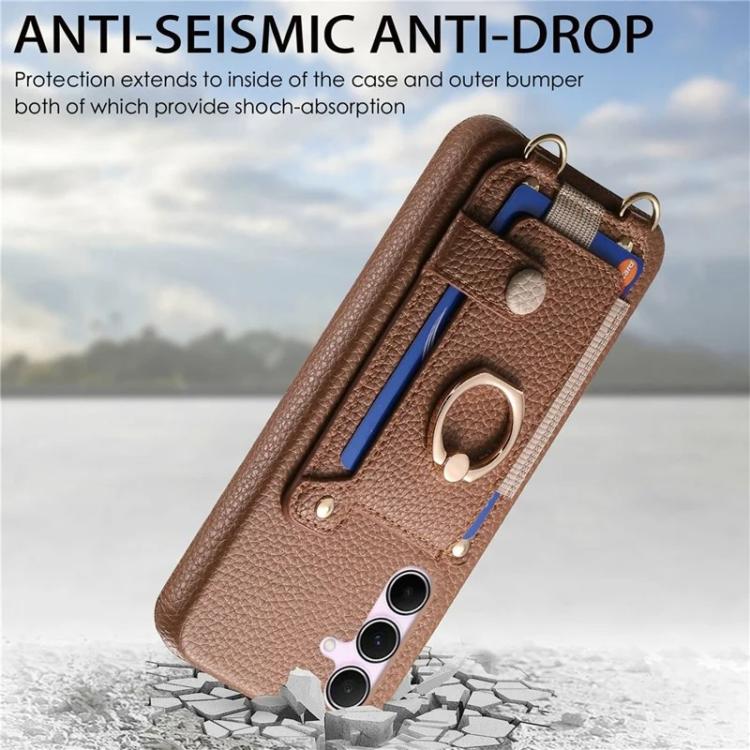 For Samsung Galaxy A36 5G Litchi Texture Card Bag Ring Holder Vegan Leather + PC Phone Case with Shoulder Strap