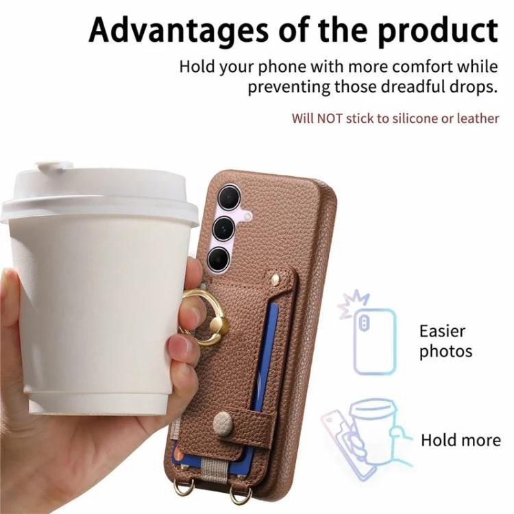 For Samsung Galaxy A36 5G Litchi Texture Card Bag Ring Holder Vegan Leather + PC Phone Case with Shoulder Strap