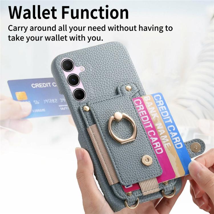For Samsung Galaxy A54 5G Litchi Texture Card Bag Ring Holder Vegan Leather + PC Phone Case with Shoulder Strap