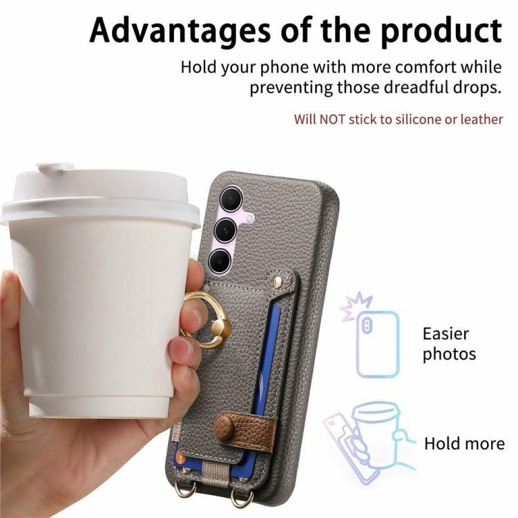 For Samsung Galaxy A55 5G Litchi Texture Card Bag Ring Holder Vegan Leather + PC Phone Case with Shoulder Strap